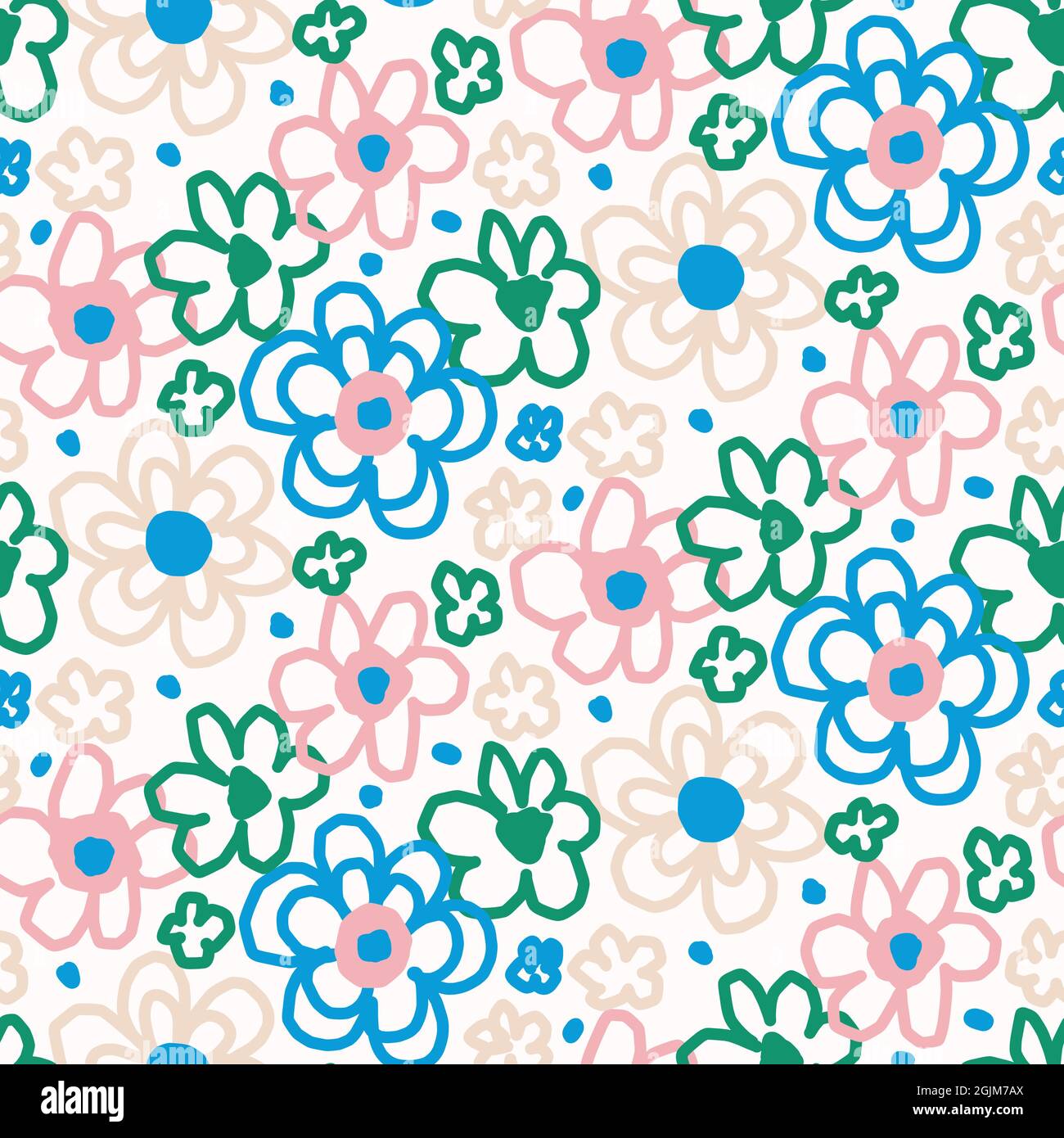 Spielerisch frisch Doodle florale Form nahtlosen Hintergrund. Modernes, modisches Muster im minimalistischen Retro-Stil. Handgezeichnetes einfaches farbenfrohes Design isoliert auf Stock Vektor