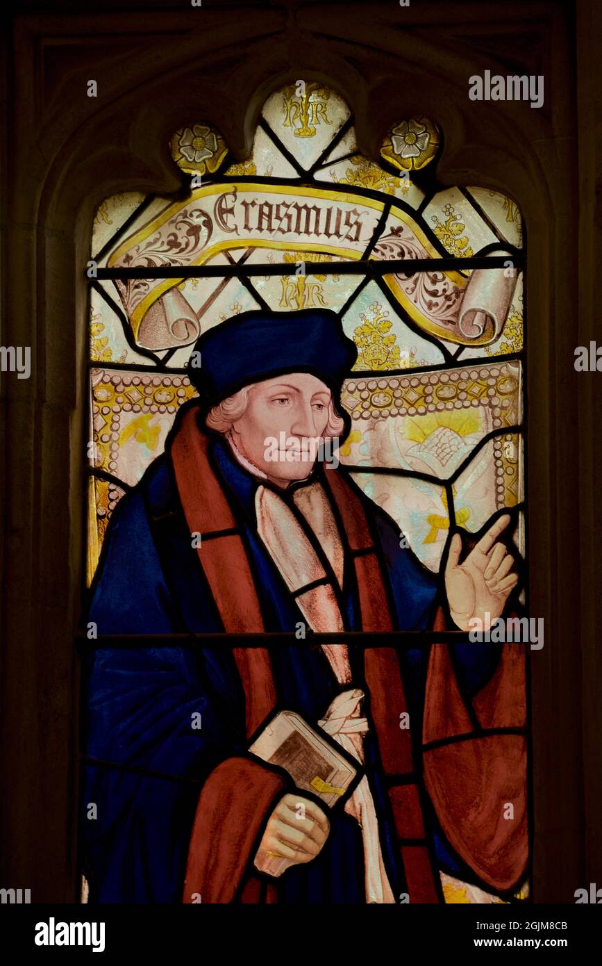 Glasmalerei mit Darstellung des niederländischen Theologen/Philosophen/Renaissance-Humanisten Desiderius Erasmus Roterodamus im Speisesaal des Christ Church College der Universität Oxford Stockfoto