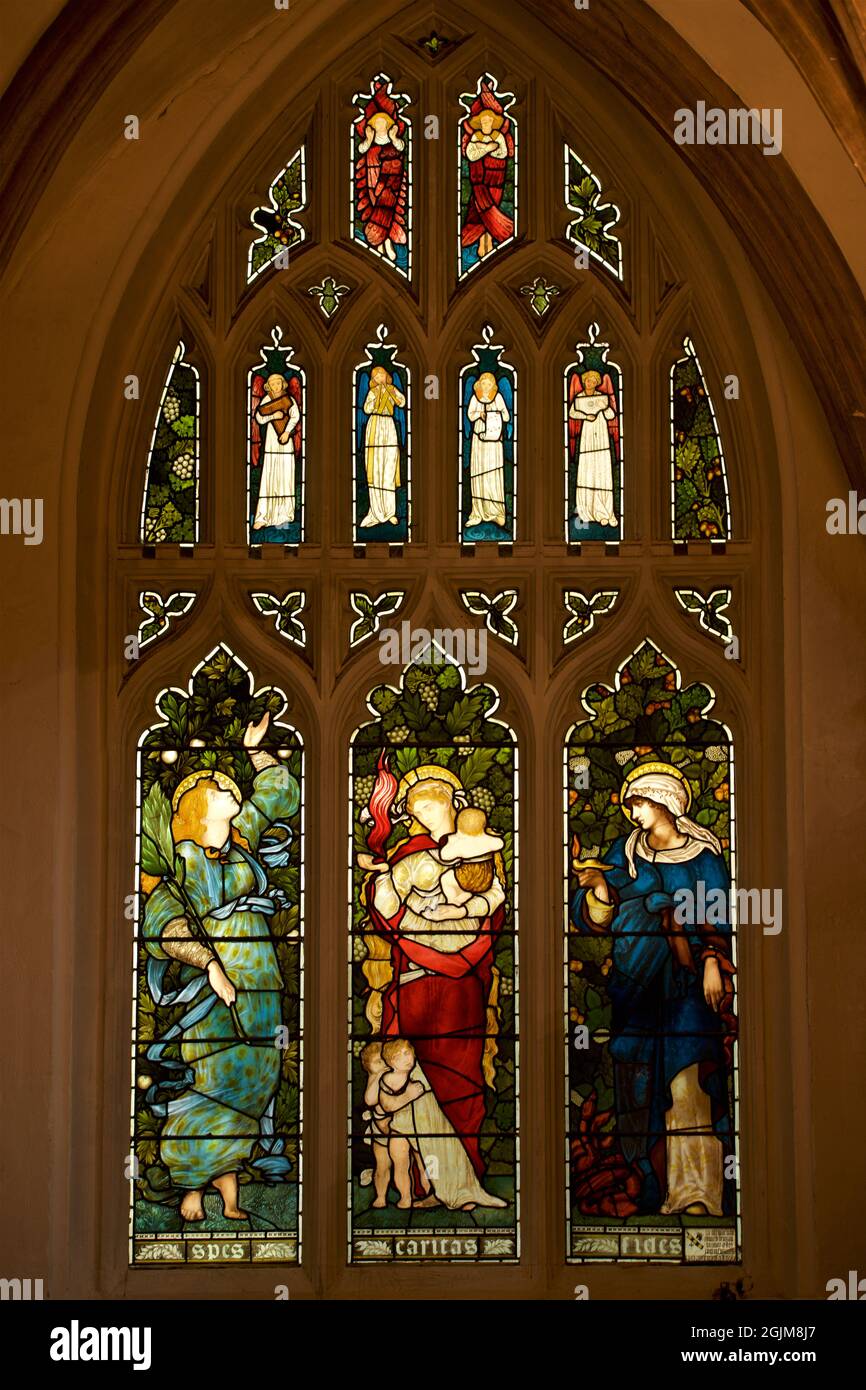 Glasmalerei im Cathedral of Christ Church College, University of Oxford Three Tugenden. SPES CARITAS FIDES = Hoffnung Nächstenliebe Glaube Stockfoto