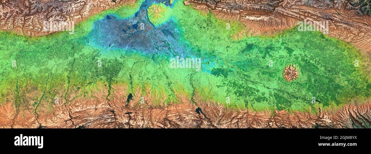 Naturmuster auf Satellitenfoto. Luftpanorama von grünen Feldern am Flussdelta als abstrakter Hintergrund. Erdoberfläche aus dem Weltraum im Sumpf entnommen Stockfoto
