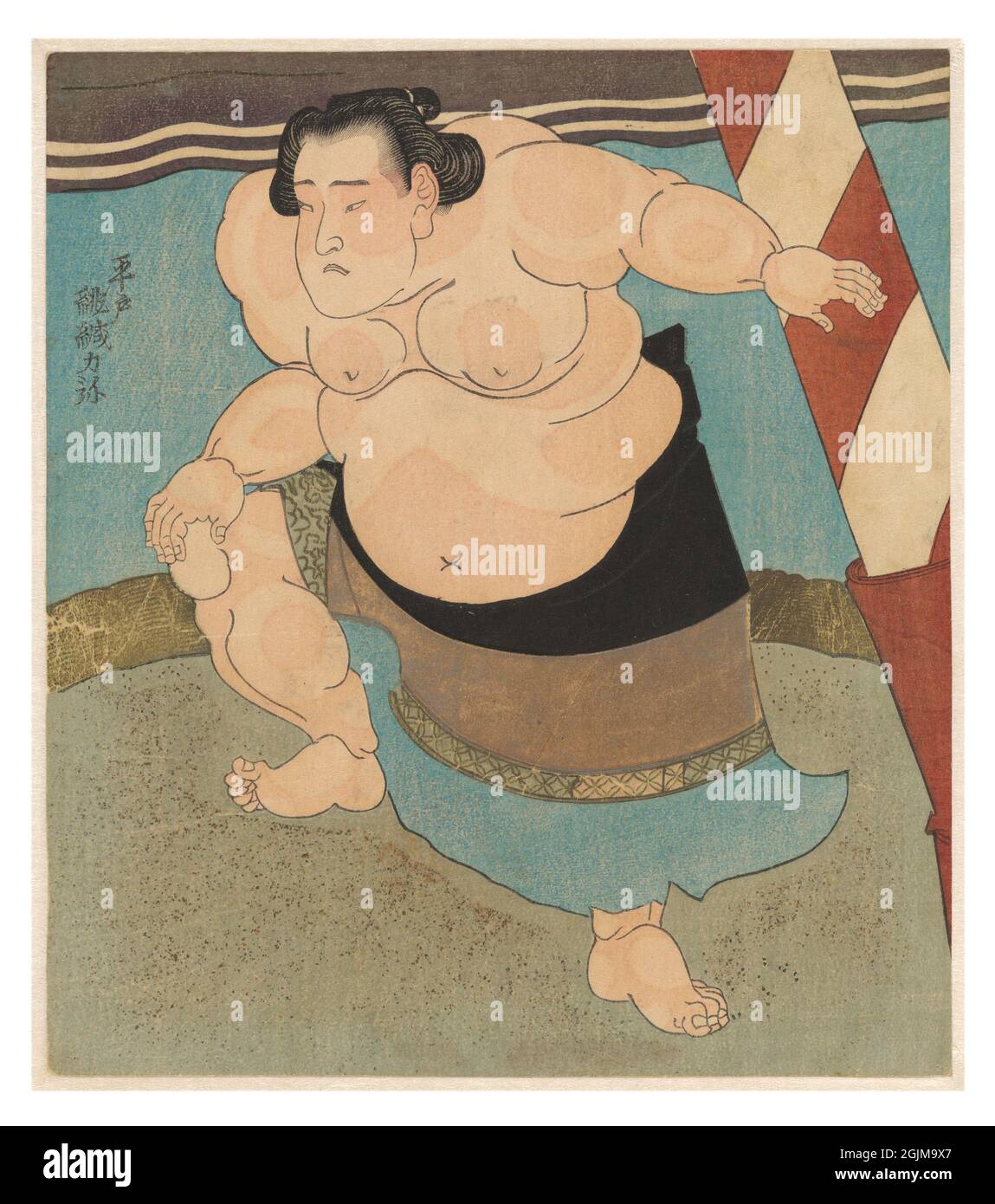 Sumo-Ringer Hiodoshi Rikiya aus Hirado im Ring. um 1790 - um 1810. Optimierte und verbesserte Version einer japanischen Holzschnitt-Illustration aus dem 19. Jahrhundert. Stockfoto