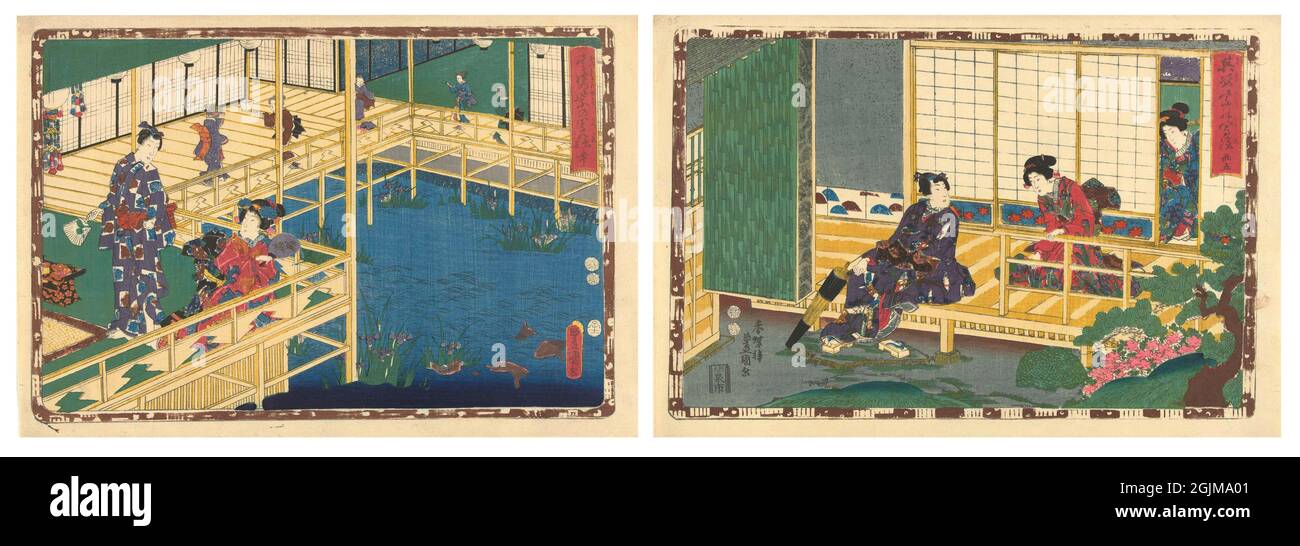 Getreue Bilder des prächtigen Prinzen Sono ... von links nach rechts: 1. Mann und Frau mit Ventilator, auf der Veranda über dem Teich, in dem blühende Iris und große Karpfen. 2. Mann, der auf der Veranda sitzt, seine Schuhe auszieht und eine Frau im rosa Kimono mit einem Muster von Iris anschaut; eine zweite Frau, die zwischen den Schiebetüren zuschaut. Einzigartige optimierte und verbesserte Anordnung von zwei japanischen Holzschnitt-Illustrationen aus dem 19. Jahrhundert (um 1862). Stockfoto