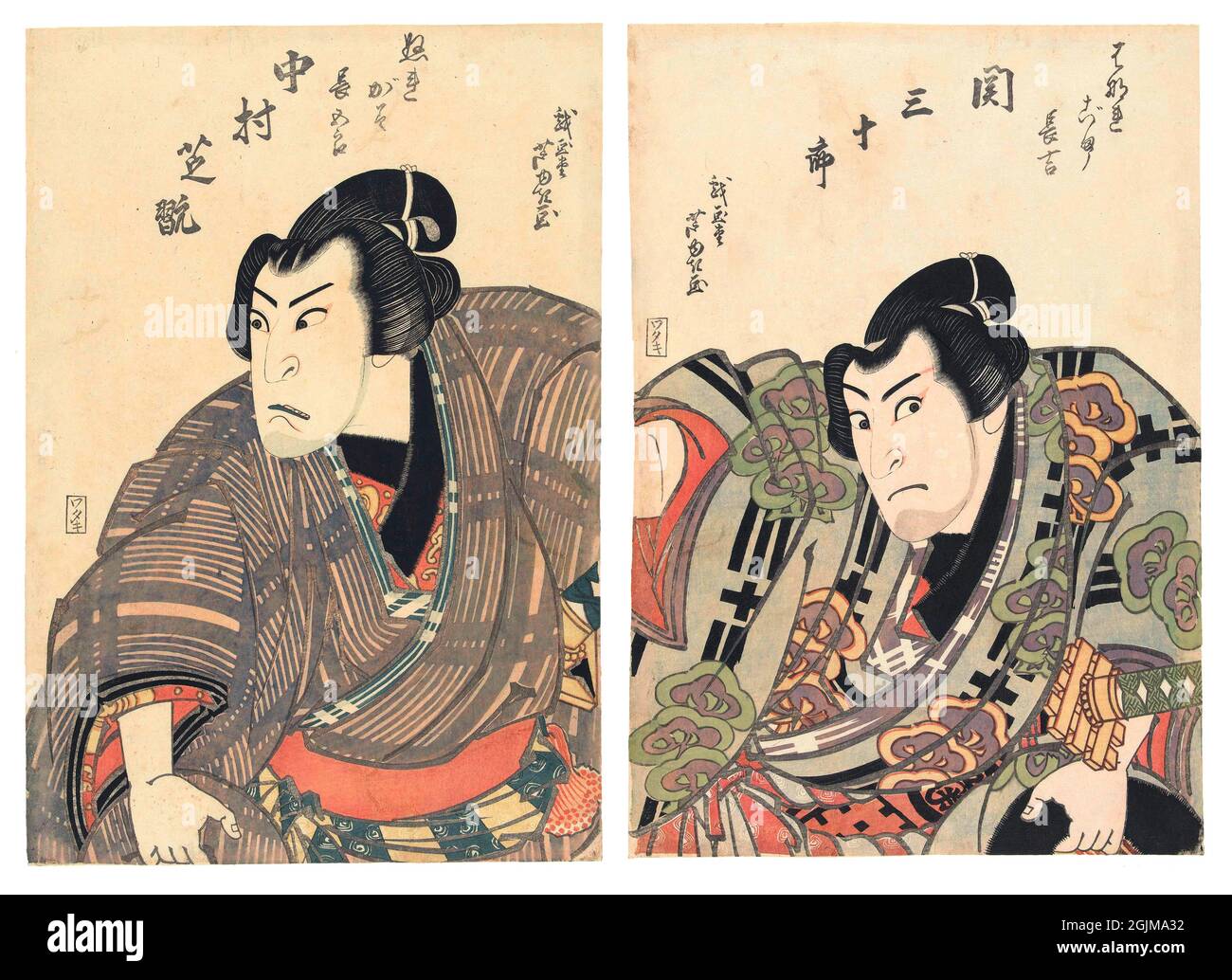 Konfrontation zwischen zwei Sumo-Wrestlern Darsteller Nakamura Shikan II in der Rolle des Sumo-Wrestlers Nuregami Chogoro, seitlich blickend. Optimierte und verbesserte Version einer japanischen Holzschnitt-Illustration aus dem 19. Jahrhundert. Stockfoto