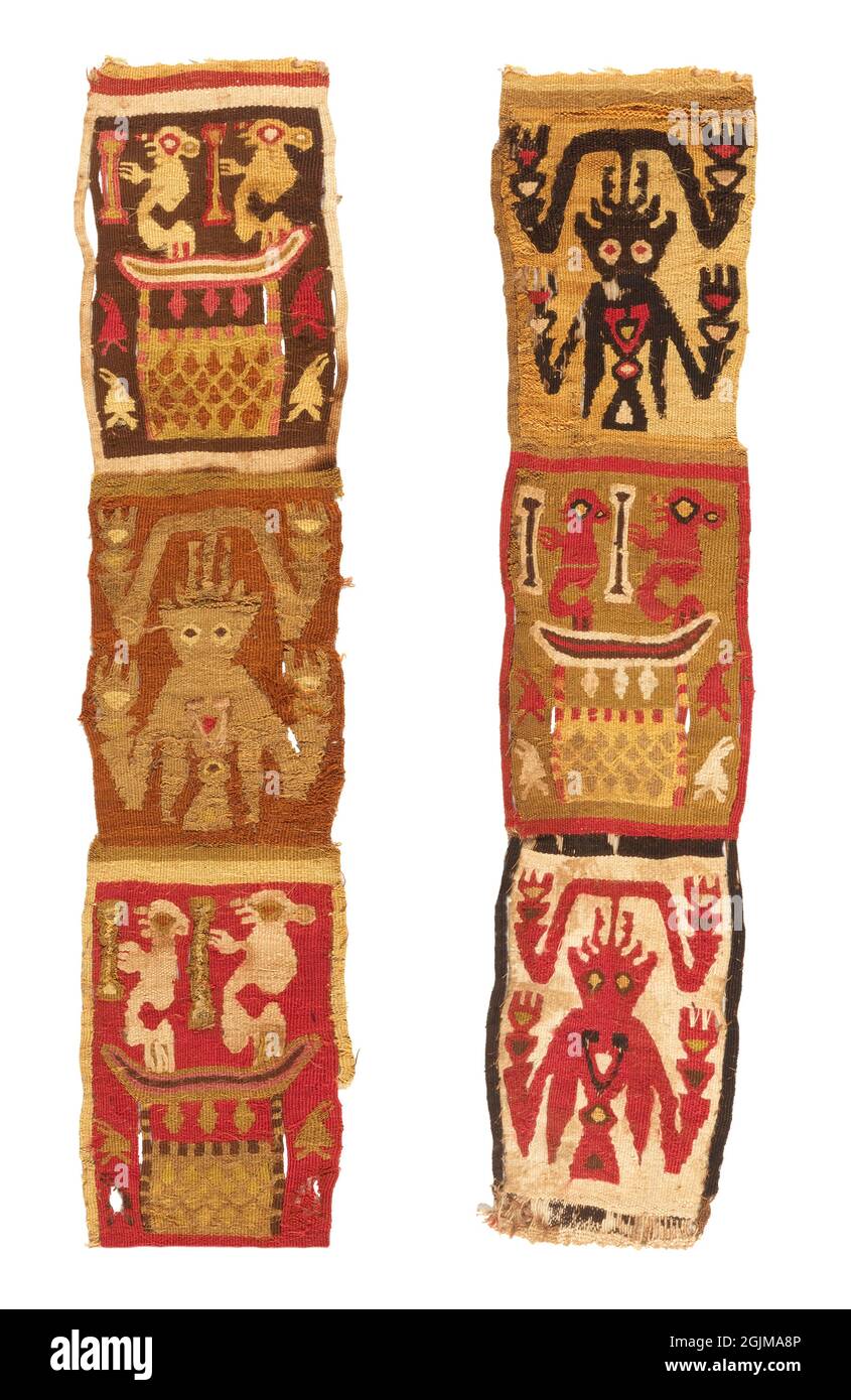 Prekolumbianisches peruanisches Textilfragment. Peru. Wandteppich mit anthropomorphen Figuren. Peru. Stockfoto