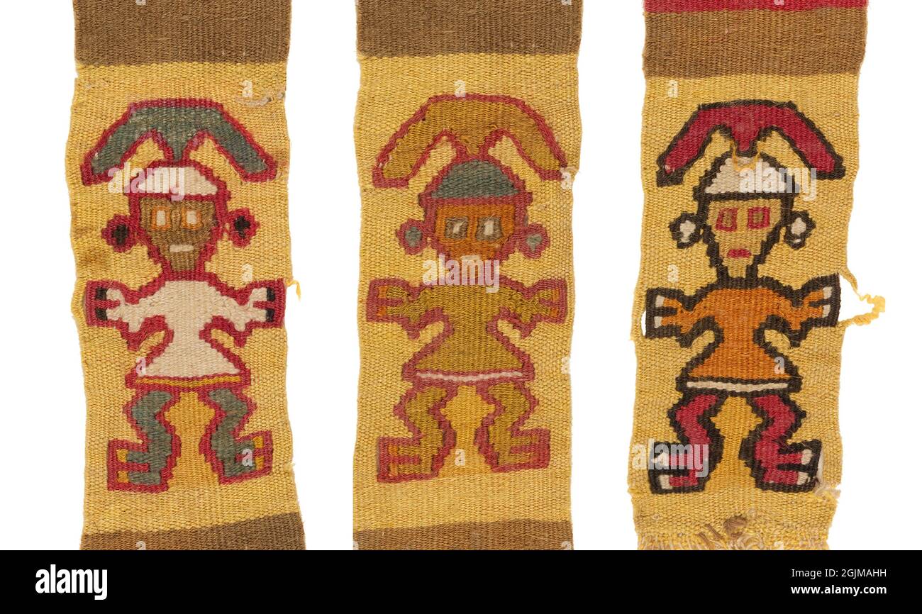Prekolumbianisches peruanisches Textilfragment. Peru. Wandteppich mit anthropomorphen Figuren. Peru. Ca. 1300 CE. Stockfoto