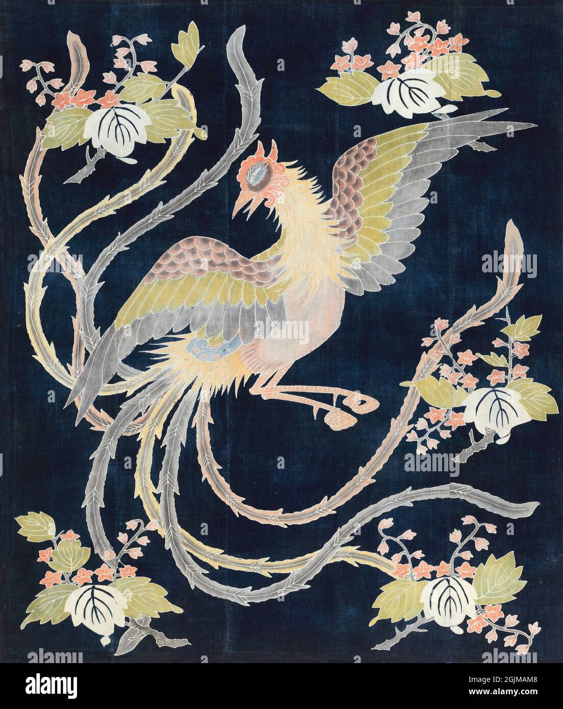Japanischer Bettbezug aus dem frühen 19. Jahrhundert aus 5 Tafeln. Dunkelblauer Hintergrund. Das Design zeigt einen großen Vogel mit weit verbreiteten Flügeln, langen Schwanzfedern und Laub. Hou-ou Bird und Paulownia Tree. JAPAN Stockfoto