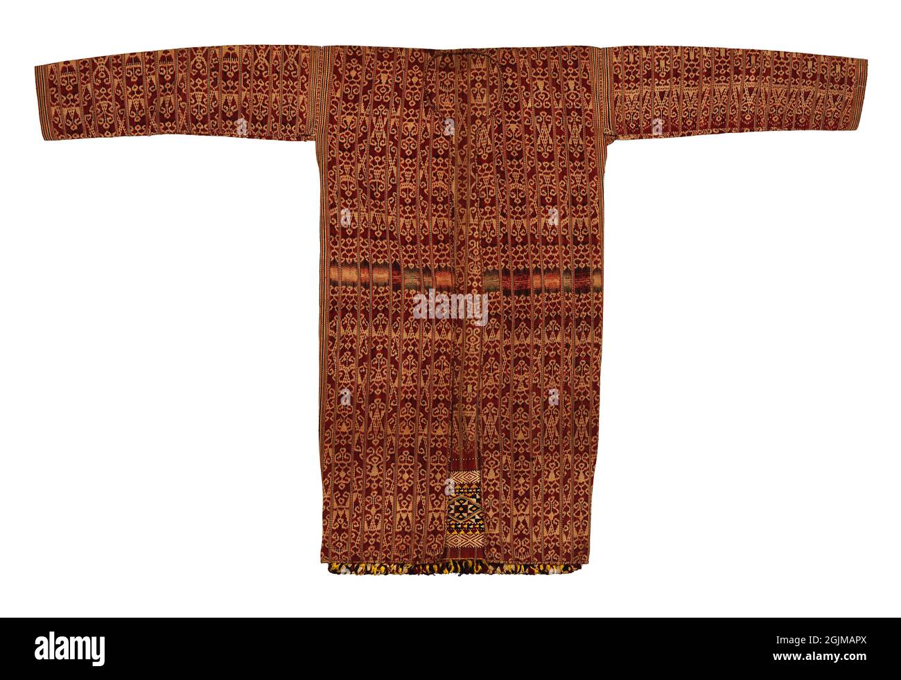 Warp ikat dekorierte IBAN Jacke von Borneo. Detail einer Jacke. Die IBAN lebt sowohl in Sarawak, Malaysia, als auch in Kalimantan, Indonesien. Stockfoto