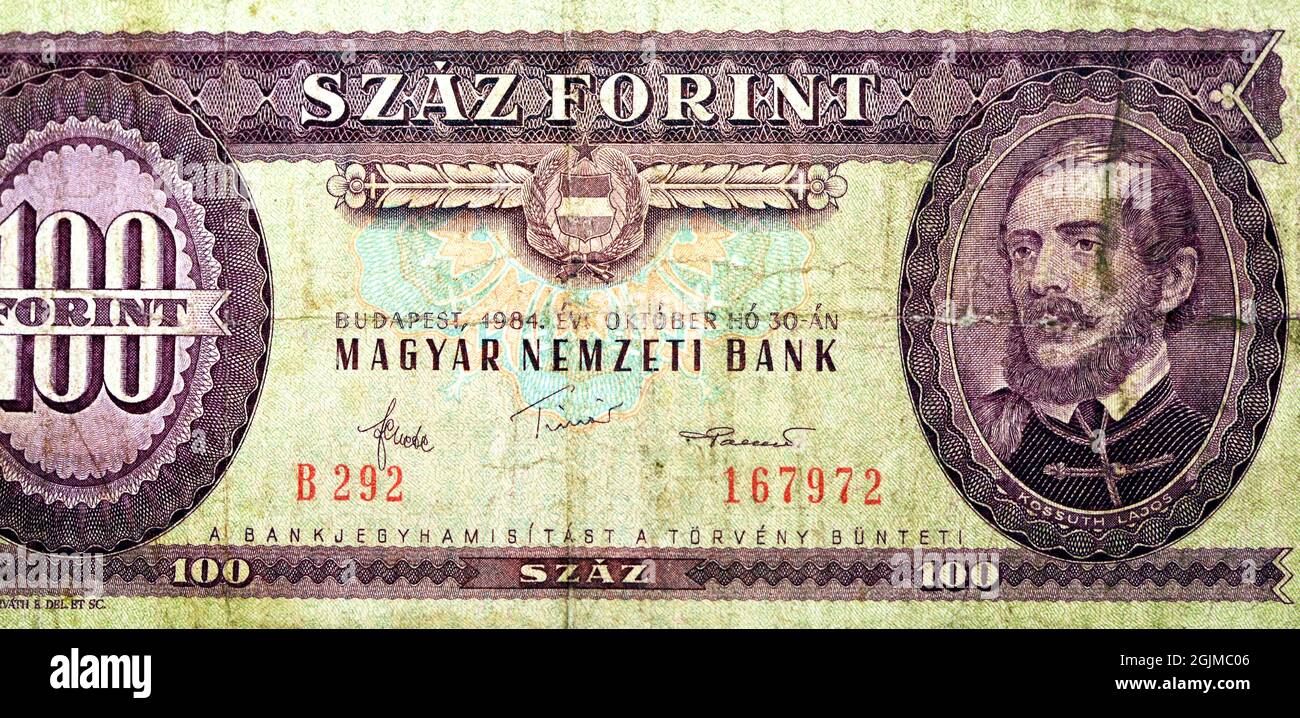 Auf der Rückseite der 100-1000-Forint-Banknote 1984 der Magyar Bank ist ein Porträt von Kossuth Lajos, altem ungarischem Geld, altem Retro zu sehen Stockfoto