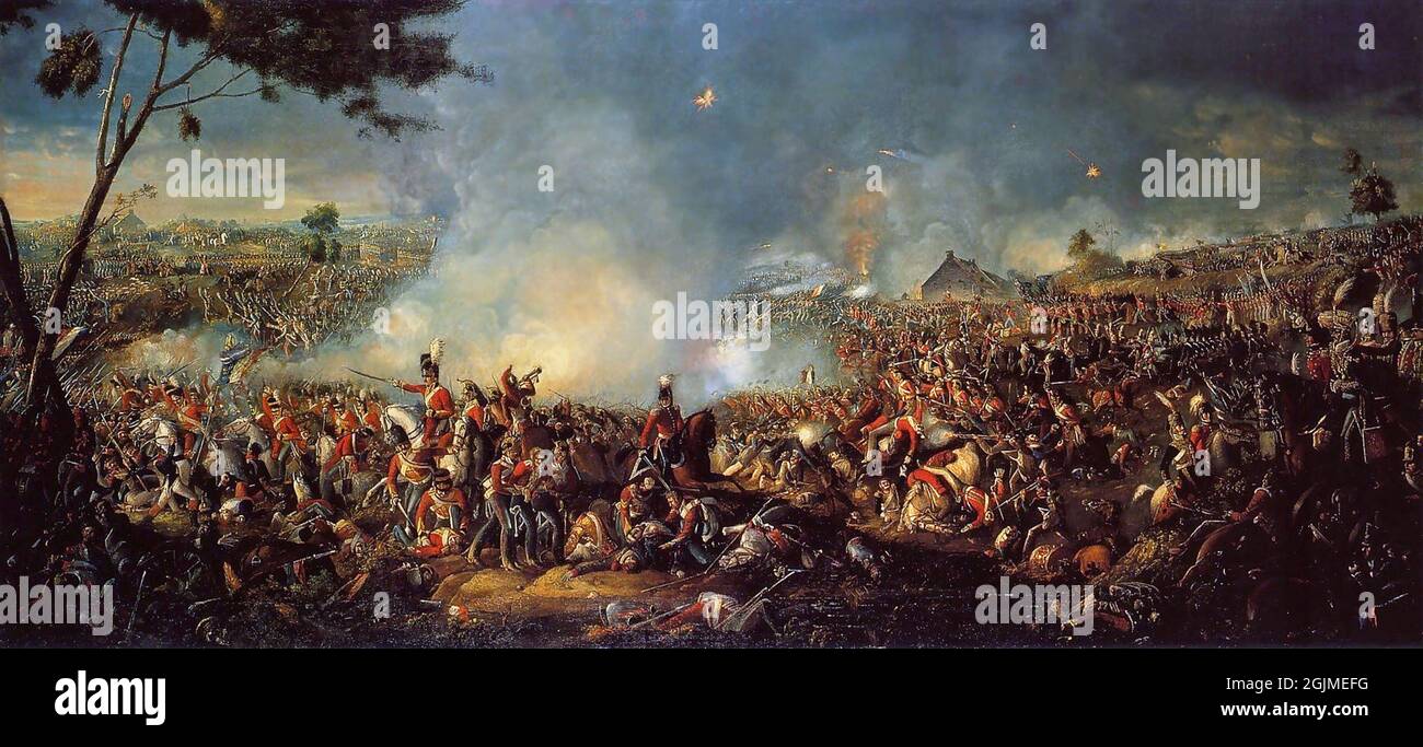 Szenen aus der Schlacht von Waterloo im Jahr 1815, wo Napoleons Grande Armée knapp von Wellingtons und Blüchers kombinierten Armeen besiegt wurde Stockfoto
