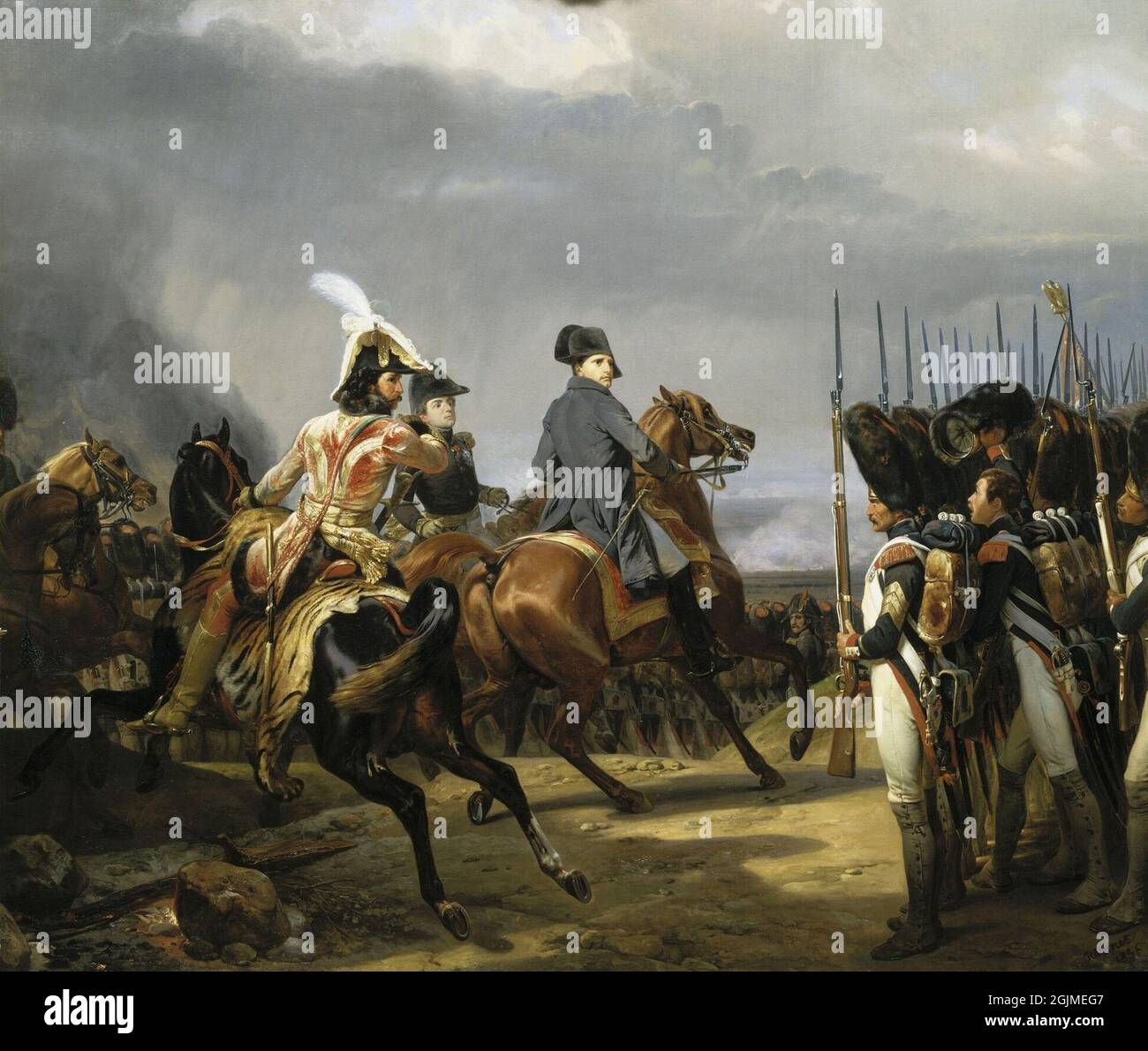 Napoleon rezensiert die Kaisergarde bei der Schlacht von Jena–Auerstedt im Jahr 1806, in der die preußische Armee solide besiegt wurde. Gemälde von Horace Vernet. Stockfoto