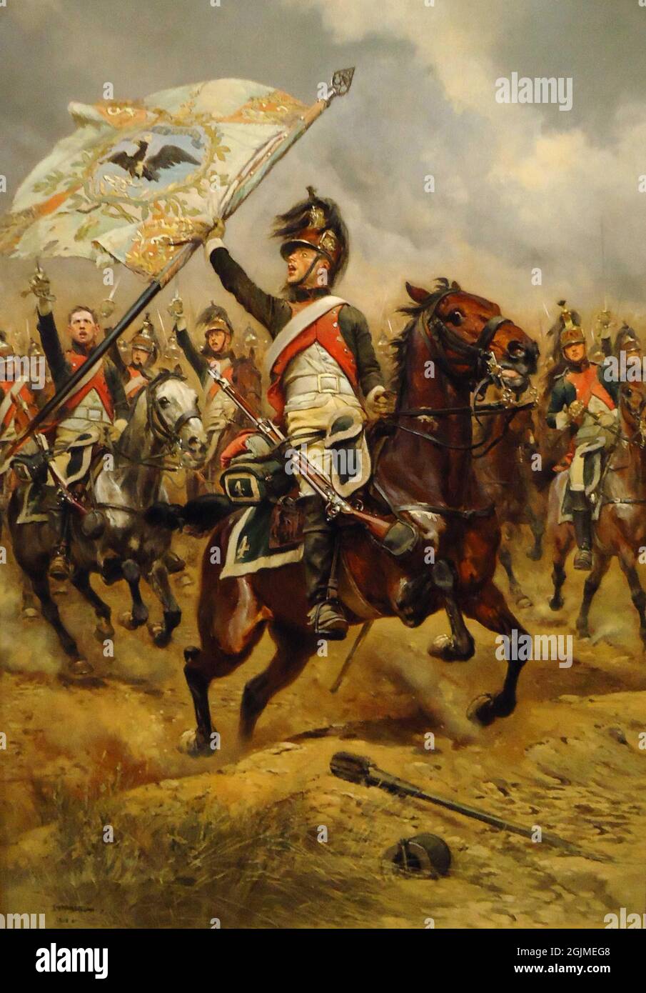 Französischer Dragoon mit erfasster preußischer Flagge bei der Schlacht von Jena–Auerstedt 1806, in der die preußische Armee solide besiegt wurde. Gemälde von Édouar Détaille. Stockfoto