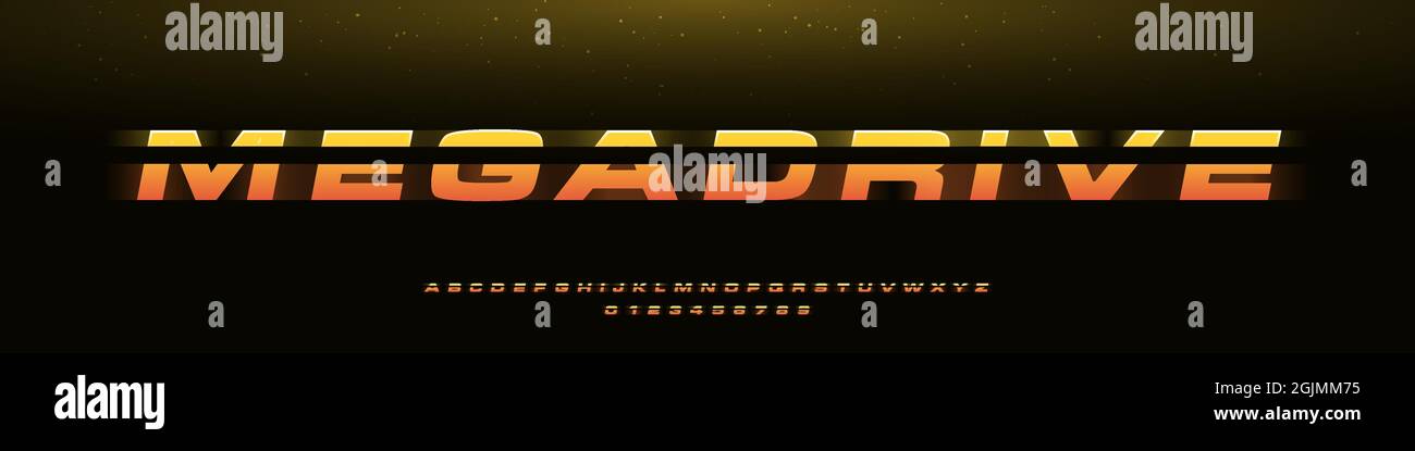 MEGADRIVE bold italic Schriftart mit dynamischer Schrägstellung und geometrischem Schnitt, Geschwindigkeitseffekt, Kampf oder schneller Lieferung. RetroWave Englisch Alphabet und Zahlen gesetzt Stock Vektor