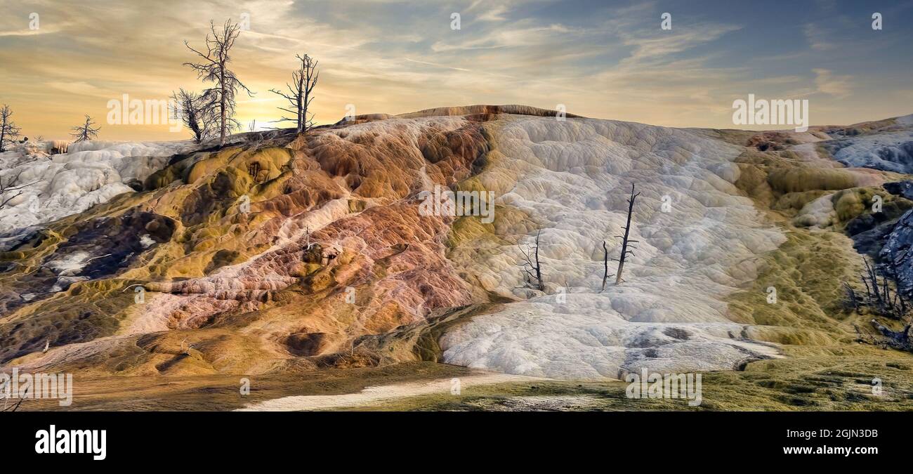 Wunderschöne Mammoth Hot Springs Travertin-Betonungen bei Sonnenuntergang - Yellowstone National Park Stockfoto