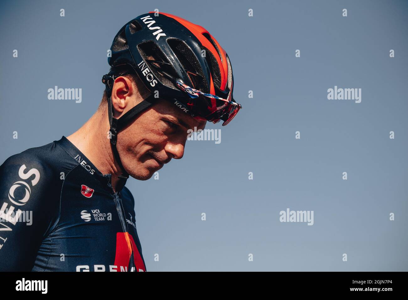 6. September 2021; Sherford nach Exeter, Devon, England: Die AJ Bell Tour of Britain, Etappe 2 Sherford nach Exeter. Rohan Dennis. Stockfoto