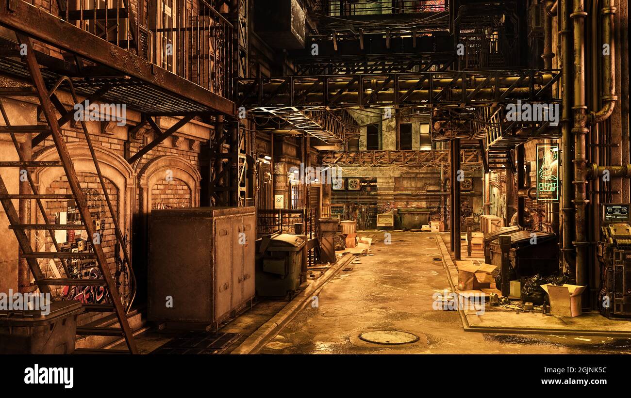 Zwielichtige dunkle dystopische, futuristische Stadtstraße in der Nacht. Cyberpunk Konzept Foto realistische 3D-Illustration. Stockfoto