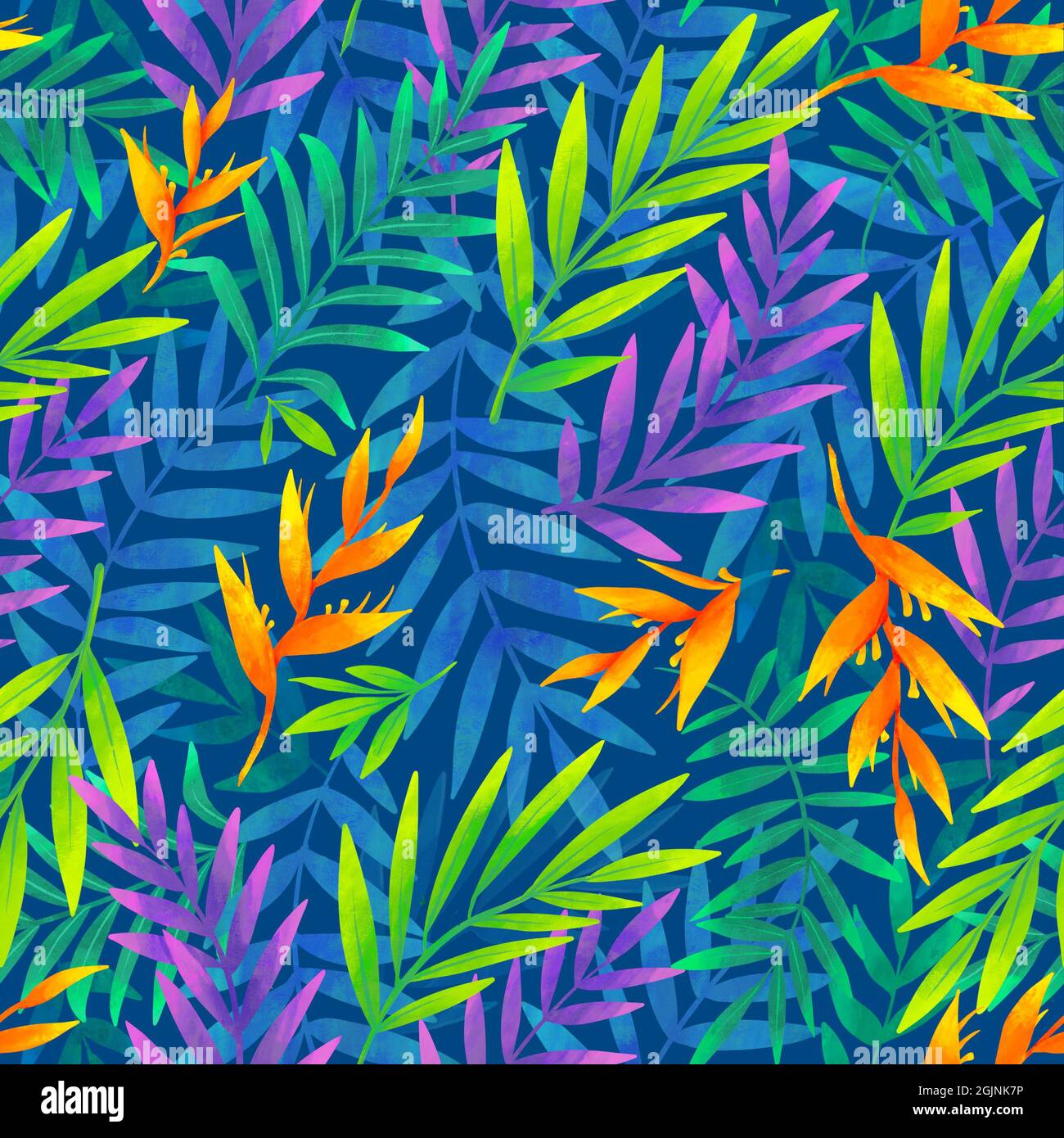 Grüne, blaue und violette Tropenblätter und orange Blüten nahtloses Muster Stockfoto