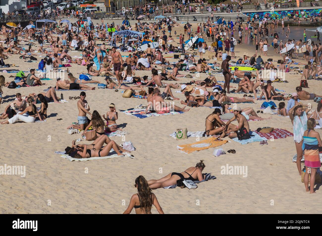 Sydney, Australien. Samstag, 11. September 2021. Menschen entspannen sich am Bondi Beach, wenn die Frühlingstemperaturen heute 27 Grad erreichen. Die Covid-19-Beschränkungen werden am Montag für Personen in bestimmten Teilen Sydneys, die vollständig geimpft sind, lockern. Bis zu fünf Personen dürfen sich draußen versammeln. Quelle: Paul Lovelace/Alamy Live News Stockfoto