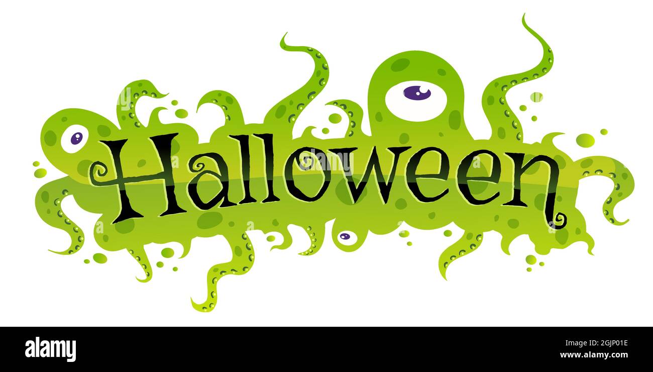 Vektor-Banner für Halloween mit grünen Monstern. Halloween Monster mit Text. Frohe Halloween. Stock Vektor