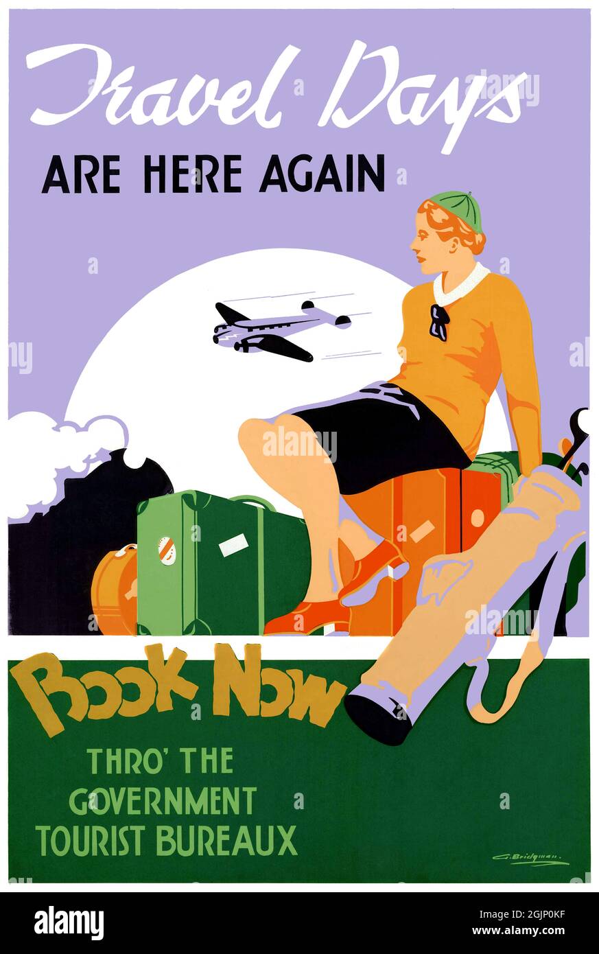Reisetage sind wieder da. Jetzt buchen von George Frederick Thomas Bridgman (1897-1966). Restauriertes Vintage-Poster, das in den 1930er Jahren in Neuseeland veröffentlicht wurde. Stockfoto