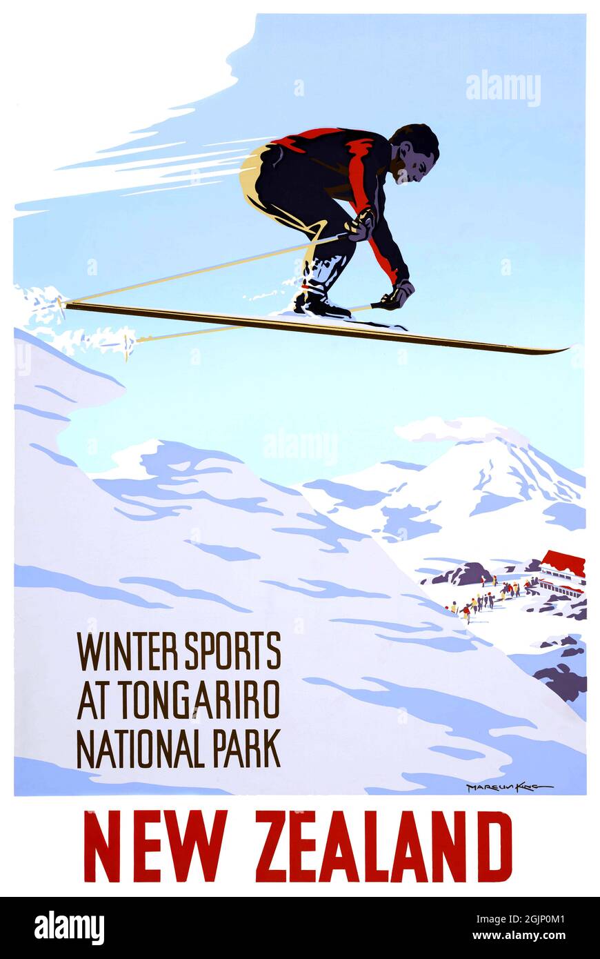 Wintersport im Tongariro National Park, Neuseeland von Marcus King (1891-1983). Restauriertes Vintage-Poster, das 1960 in Neuseeland veröffentlicht wurde. Stockfoto