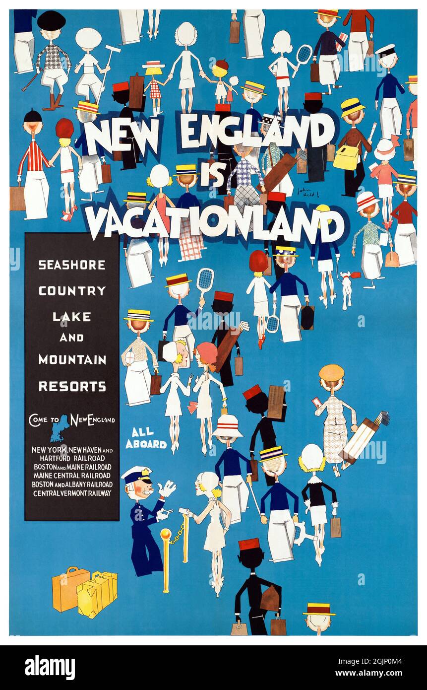 Neuengland ist Urlaubsland. Seashore Country Lake and Mountain Resorts von John Held (1889-1958). Restauriertes Vintage-Poster, das 1928 in den USA veröffentlicht wurde. Stockfoto