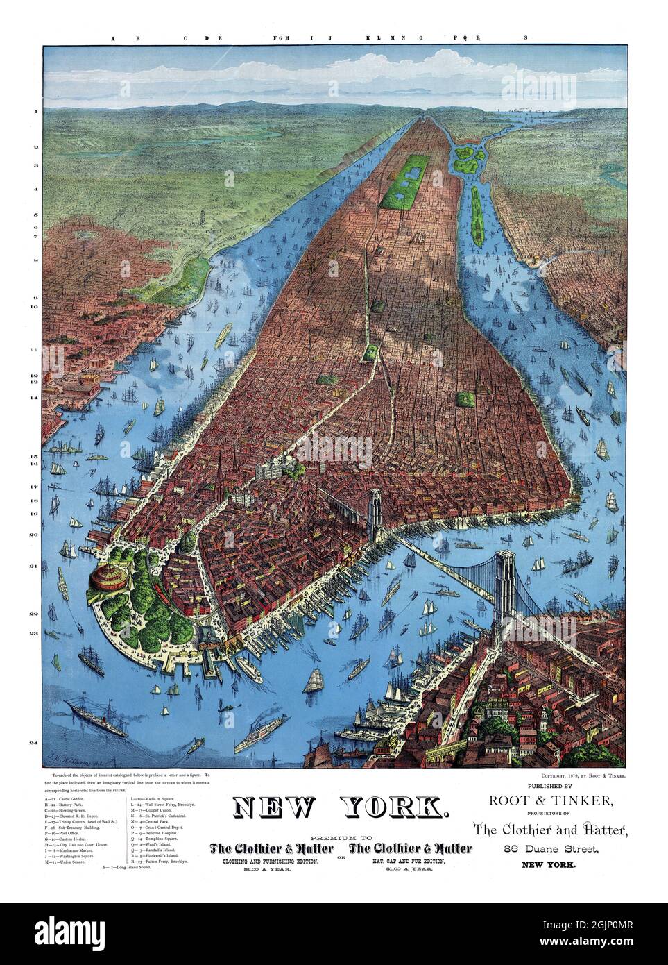 Perspektivische Karte von New York, nicht maßstabsgefaßt von J. W. Williams. Restauriertes Vintage-Poster, veröffentlicht von Root & Tinker, New York im Jahr 1879. Stockfoto