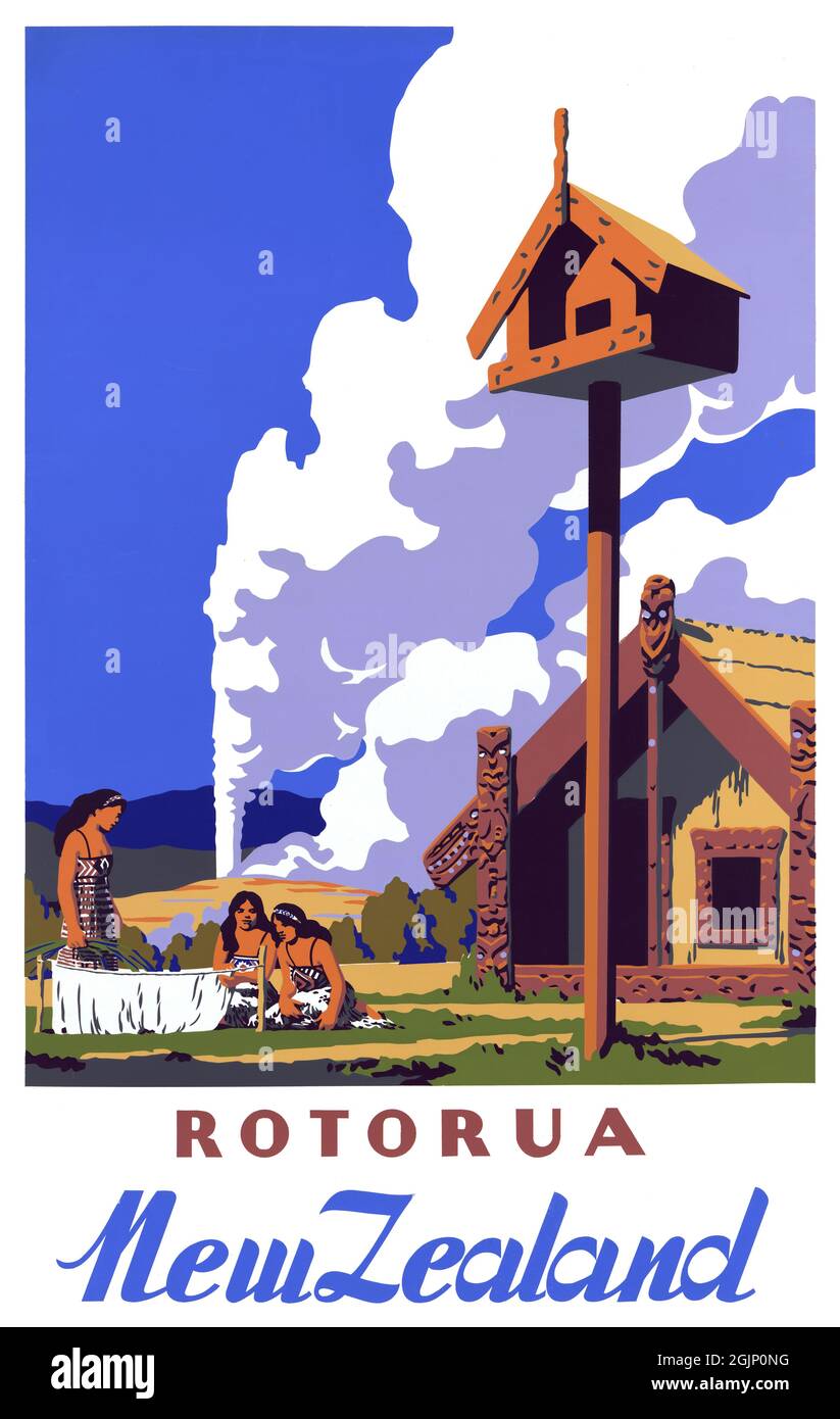 Rotorua. Neuseeland von Marcus King (1891-1983). Restauriertes Vintage-Poster, das 1950 in Neuseeland veröffentlicht wurde. Stockfoto