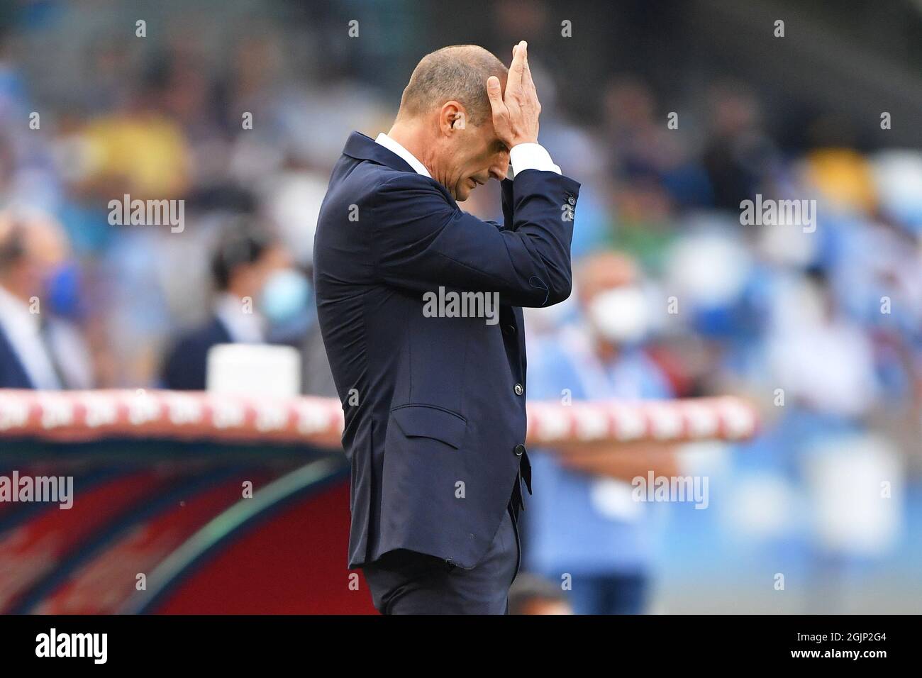 Diego Armando Maradona Stadium, Neapel, Italien, 11. September 2021, Juventus' Cheftrainer Massimiliano Allegri zeigt sich während des Spiels der SSC Napoli gegen Juventus FC - Italienische Fußballserie A Stockfoto