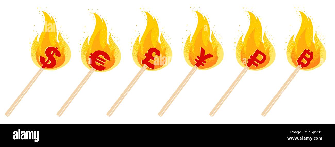 Vektor-Set der Weltwährung in Brand. Vektor-Set Symbole von Dollar, Euro, Yen, Rubel und Pfund in Flammen. Mit Währungszeichen übereinstimmen. Stock Vektor