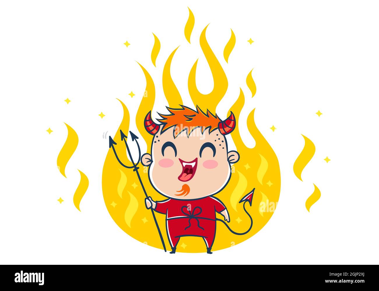 Vektor-Illustration eines Teufels im Feuer im Kawaii-Stil. Illustration eines niedlichen Kindes im Teufelskostüm. Halloween Monster. Stock Vektor