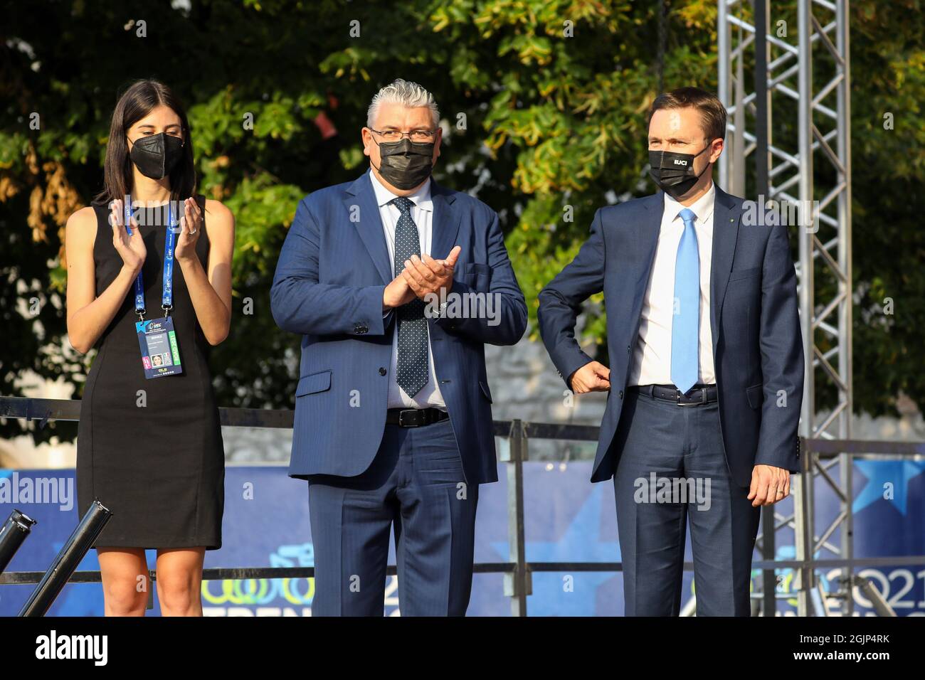 Trento, Trient, Italien, 11. September 2021, Enrico DALLA CASA (ITA) Präsident der UEC und David LAPPARTIENT Präsident der UCI während der UEC Road European Championships - Elite Women Road Race - Street Cycling Stockfoto