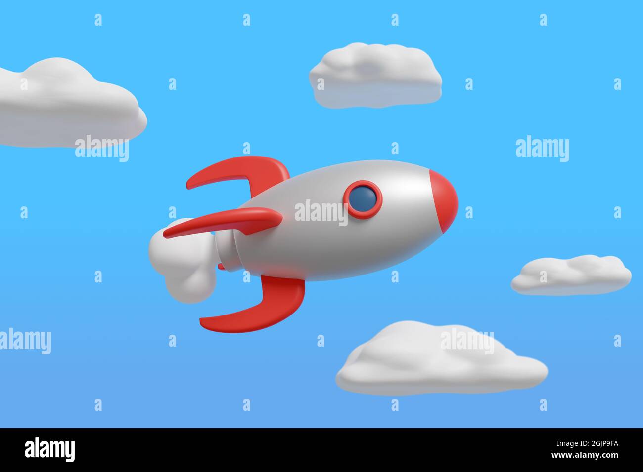 Cartoon-Raumschiff auf blauem Himmel. 3d-Illustration. Stockfoto