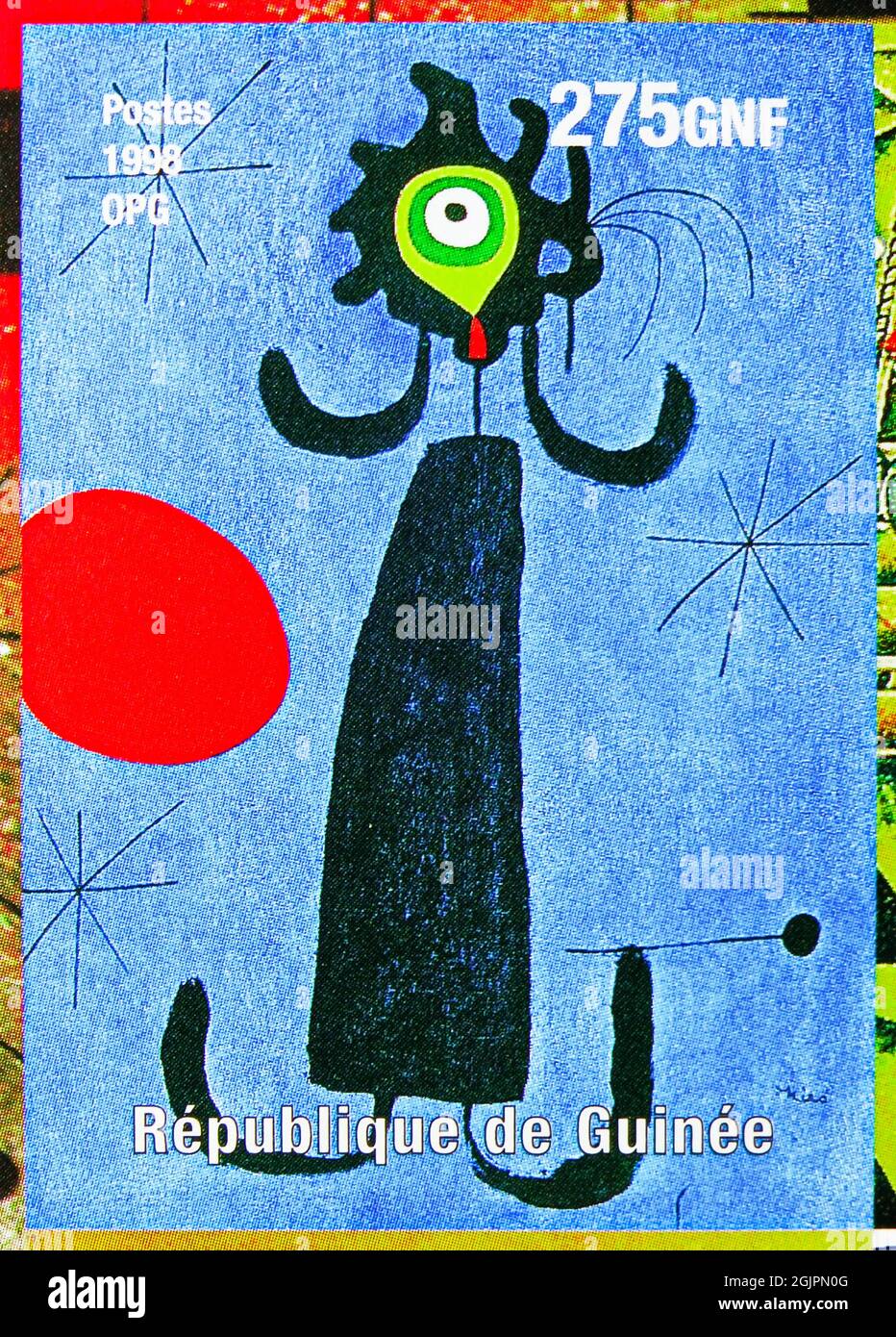 MOSKAU, RUSSLAND - 17. APRIL 2021: Briefmarke in Cinderellas zeigt Joan Miro 1893-1983, Guinea Serie, um 1998 Stockfoto