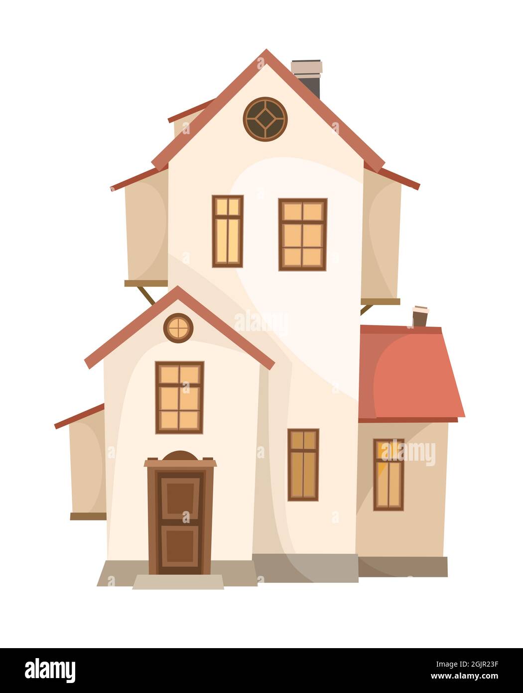 Hohes Cartoon-Haus mit einem Giegeldach. Gemütliche, einfache ländliche Wohnung in einem traditionellen europäischen Stil. Zweistöckig. Süßes Zuhause. Isoliert auf Weiß Stock Vektor