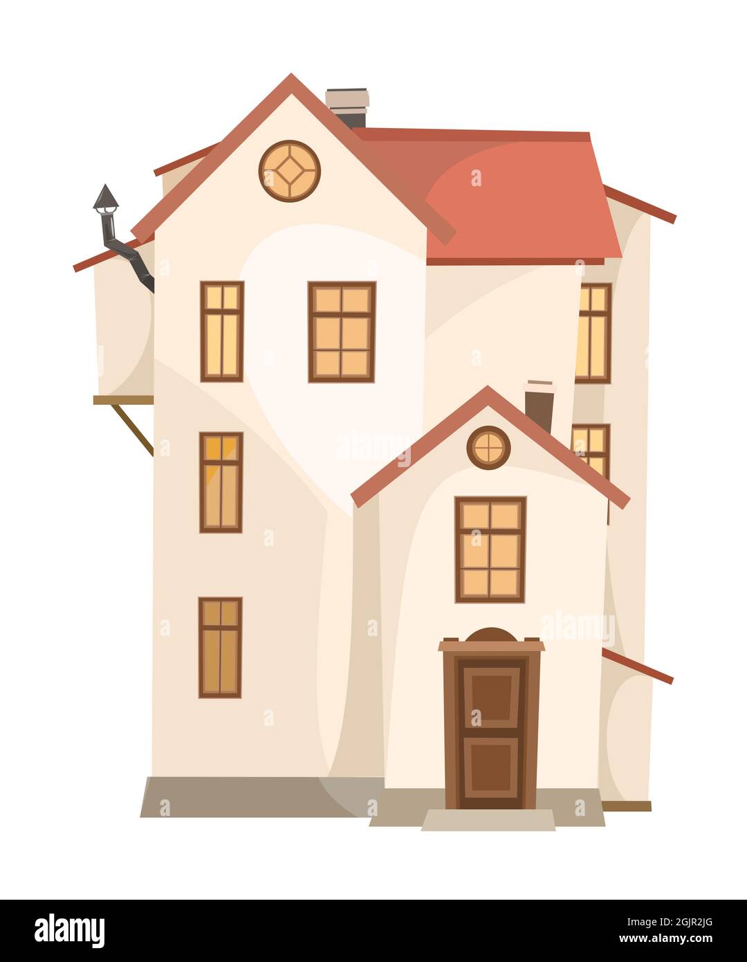 Hohes Cartoon-Haus mit Kamin. Gemütliche, einfache ländliche Wohnung in einem traditionellen europäischen Stil. Dreistöckig. Süßes Zuhause. Isoliert auf weißem Hintergrund Stock Vektor