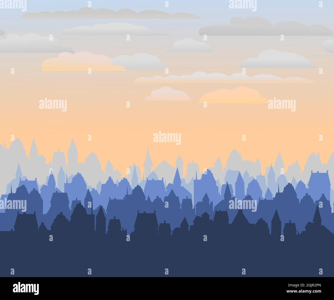 Kleine Stadt Straßen Silhouette. Dächer von Häusern. Landschaft auf dem Land. Flacher Cartoon-Stil. Nahtlose Illustration. Vektorgrafiken Stock Vektor