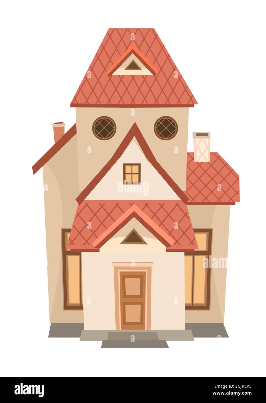 Hohes Cartoon-Haus mit runden Fenstern. Gemütliche, einfache ländliche Wohnung in einem traditionellen europäischen Stil. Süßes Zuhause. Isoliert auf weißem Hintergrund. Vektor Stock Vektor
