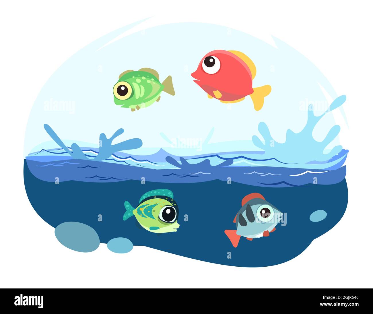 Tropische Fische. Kleine Landschaft. Unterwasserwelt. Wilde Tiere. Meer, Meer. Sommerwasser. Isoliert auf weißem Hintergrund. Illustration in Cartoon Stock Vektor