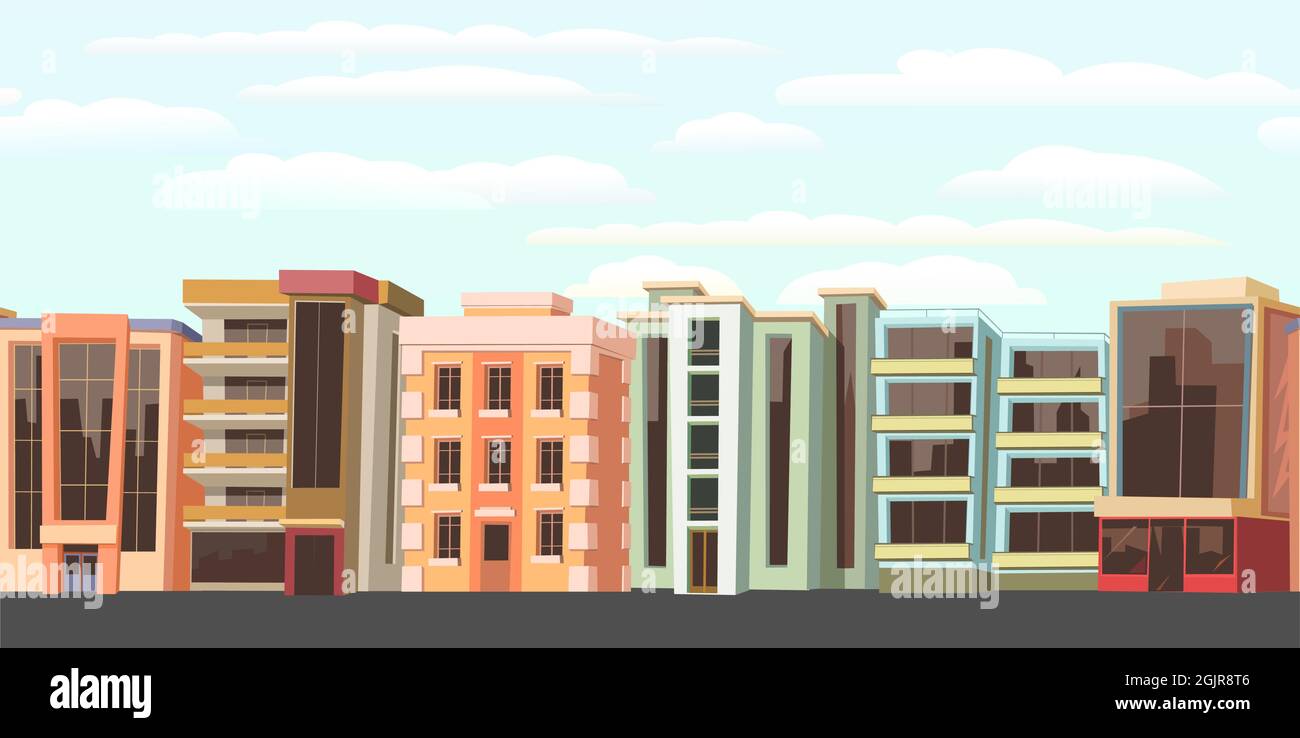 Straße in der Stadt. Wohngebiet. Stadthäuser entlang der Straße. Gemütliche Gebäude mit mehreren Etagen. Cartoon flach nahtlose Illustration. Vektor. Stock Vektor