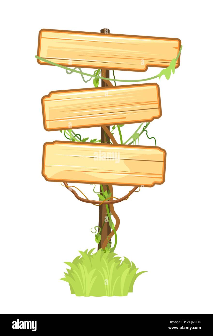 Holzschild im Dschungel. Drei Bedeutungen. Leeres Brett mit Platz für Text. Mit Holzstruktur. Steht auf einem Stock im Gras. Cartoon-Stil. Isoliert Stock Vektor