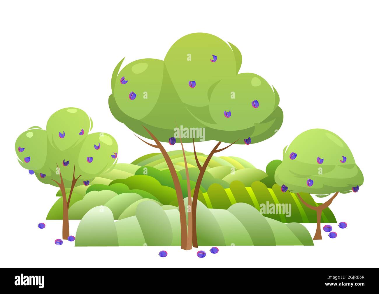 Garten und sanfte Hügel. Ländliche Landschaft mit Obstbäumen und Bauernhügeln. Reife Pflaume. Niedliche lustige Cartoon-Design Illustration. Flacher Style Stock Vektor