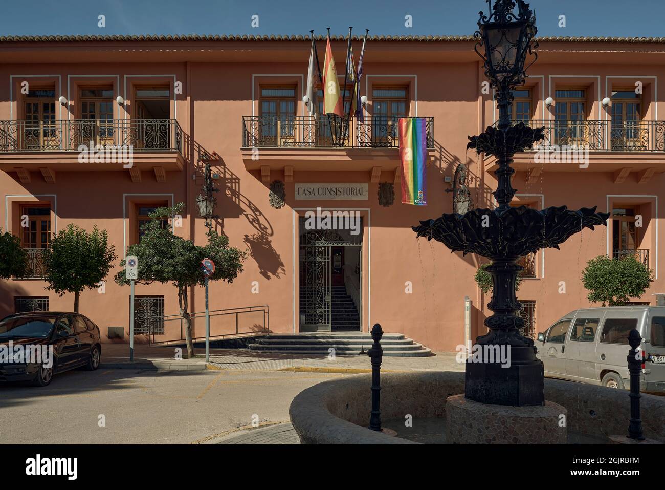Hauptfassade des Rathauses der Stadt Requena in der Provinz Valencia, Spanien, Europa Stockfoto