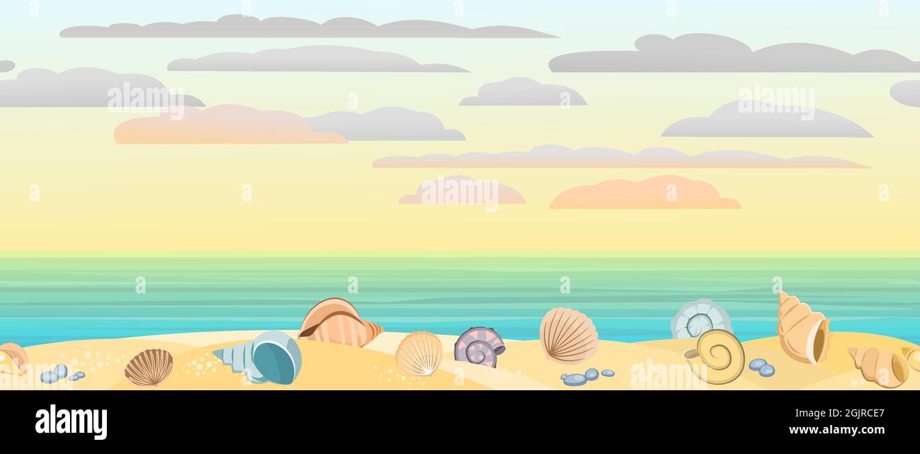 Frontalansicht der Küste. Gelber Sandstrand. Sanfter Sonnenuntergang Himmel mit leichten Wolken. Entfernter Horizont. Muscheln und Schneckenschalen. Nahaufnahme Stock Vektor