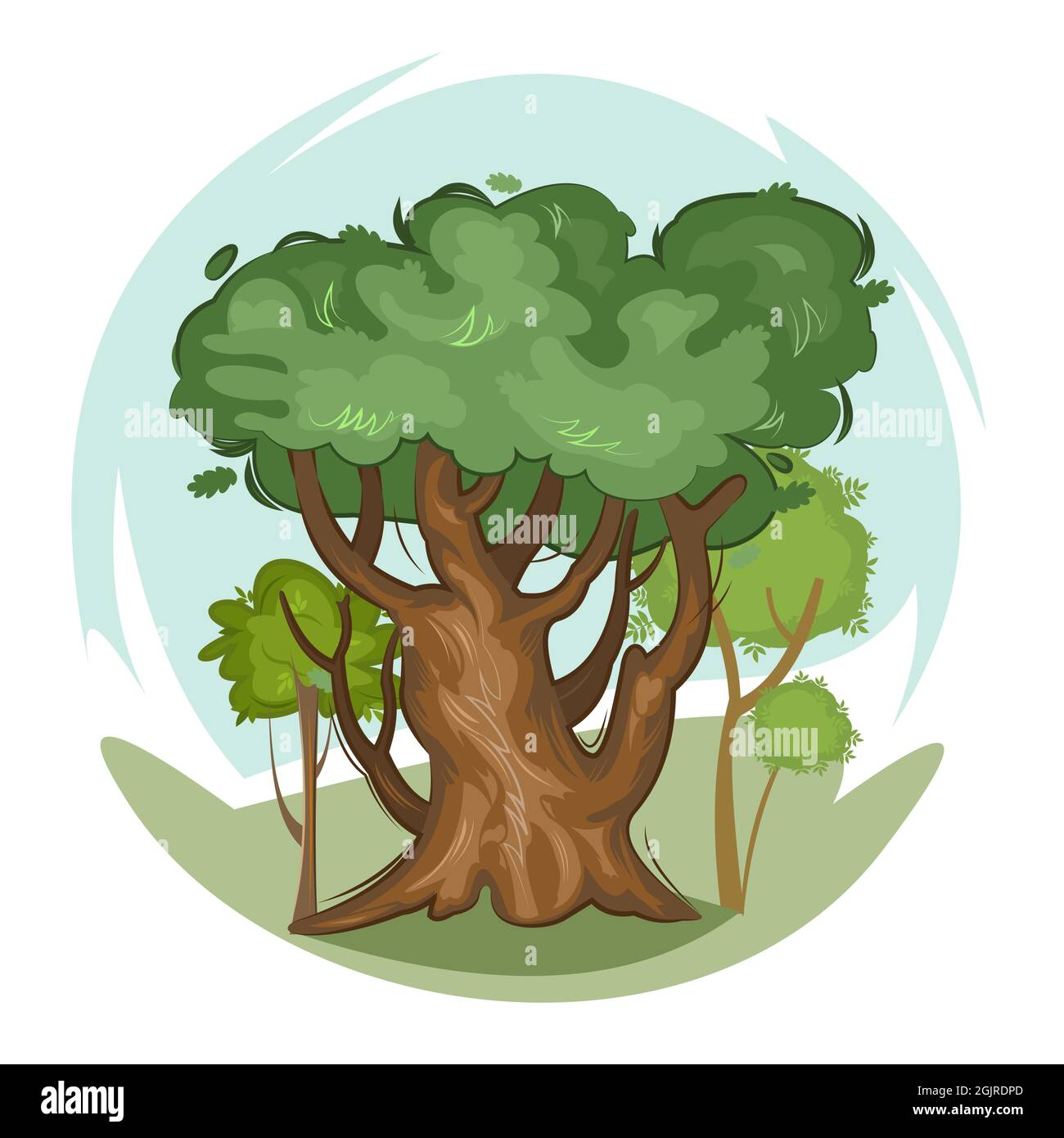 Baum. Grüne ländliche Landschaft mit Hügeln und Hügeln. Eiche. Flacher Cartoon-Stil. Die Abbildung ist auf einem weißen Hintergrund isoliert. Vektor Stock Vektor Baum. Grüne ländliche Landschaft mit Hügeln und Hügeln. Eiche. Flacher Cartoon-Stil. Die Abbildung ist auf einem weißen Hintergrund isoliert. Vektor Stock Vektor