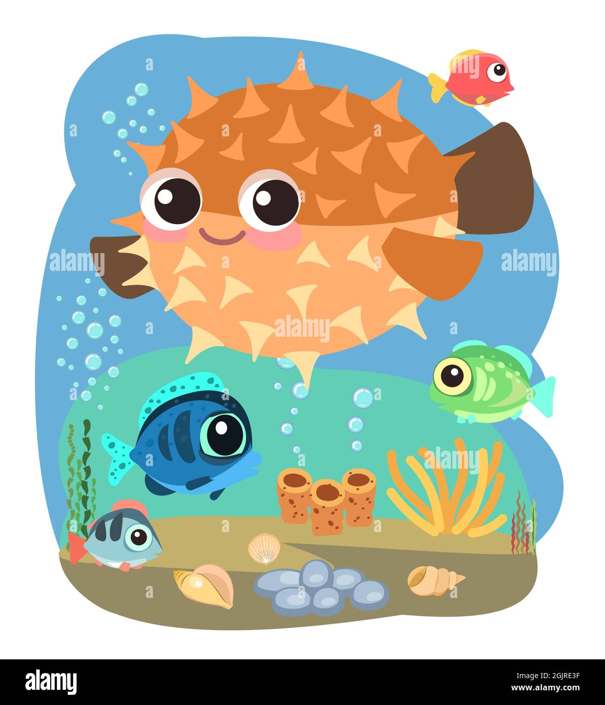 Kleine Landschaft. Kugelfisch. Unterwasserwelt. Wilde Tiere. Meer, Meer. Sommerwasser. Isoliert auf weißem Hintergrund. Illustration im Cartoon-Stil Stock Vektor