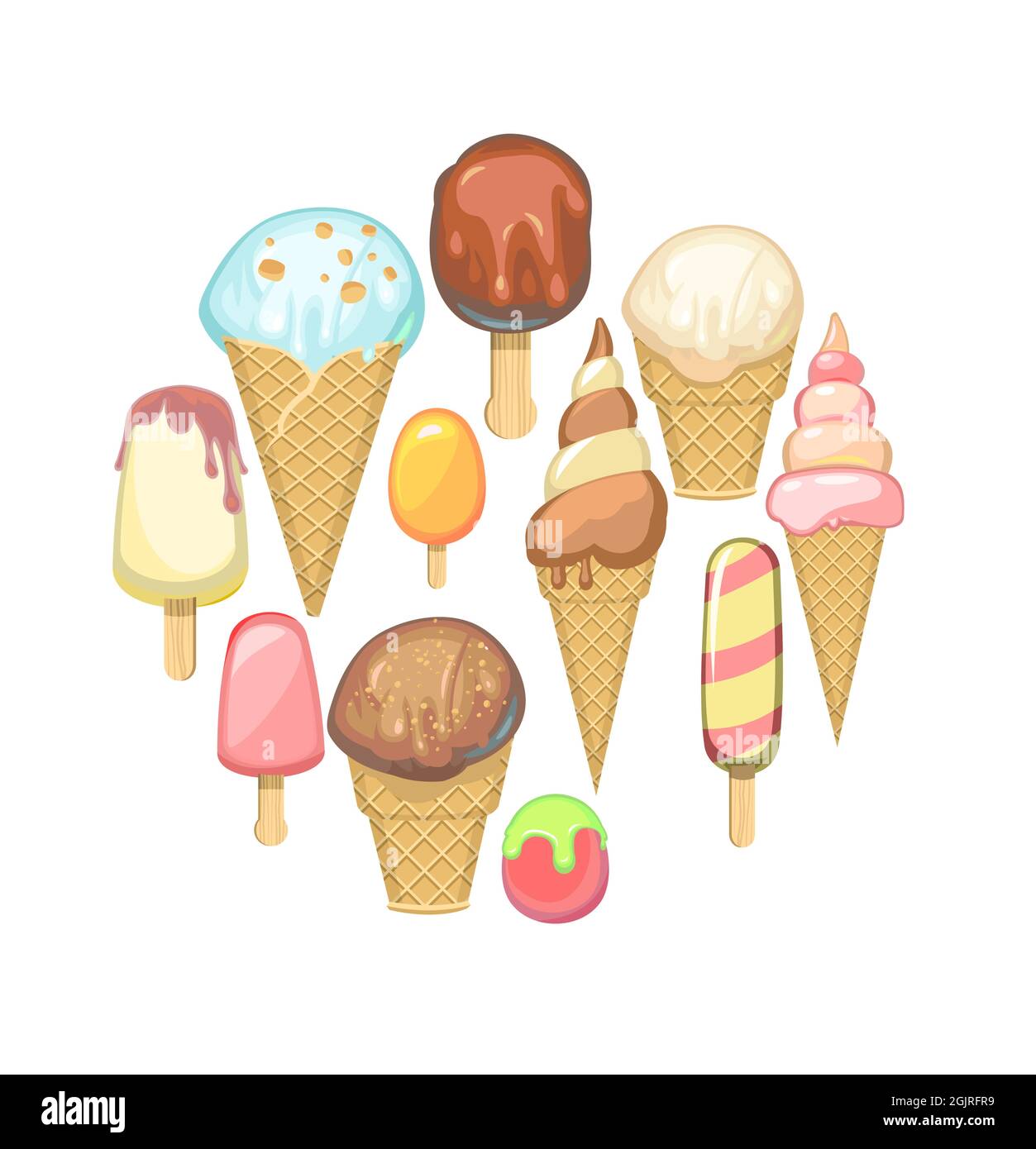 Eis In Einem Waffelkegel, Eis Auf Einem Stock. Sommer Süßes Milchprodukt.  Rund. Milch, Schokolade Und Obst. Isoliert Auf Weißem Hintergrund  Stock-Vektorgrafik - Alamy