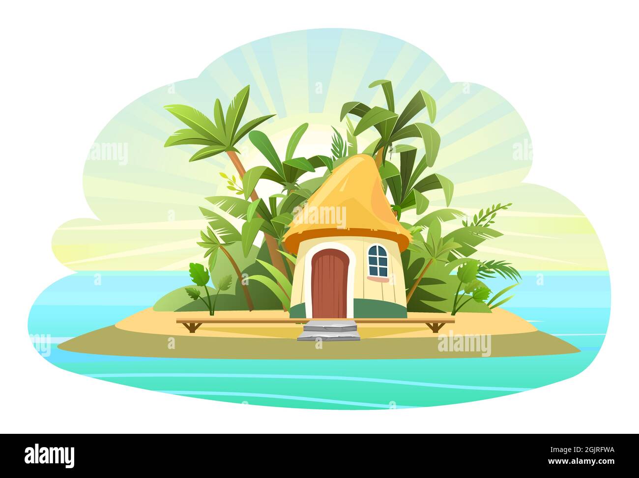 Gemütliche Küstenortstadt. Eine wunderschöne Stadt am Meer. Traditionelle Häuser mit roten Dächern. Seeseite mit Meereshorizont. Illustration in einem flachen Stil Stock Vektor