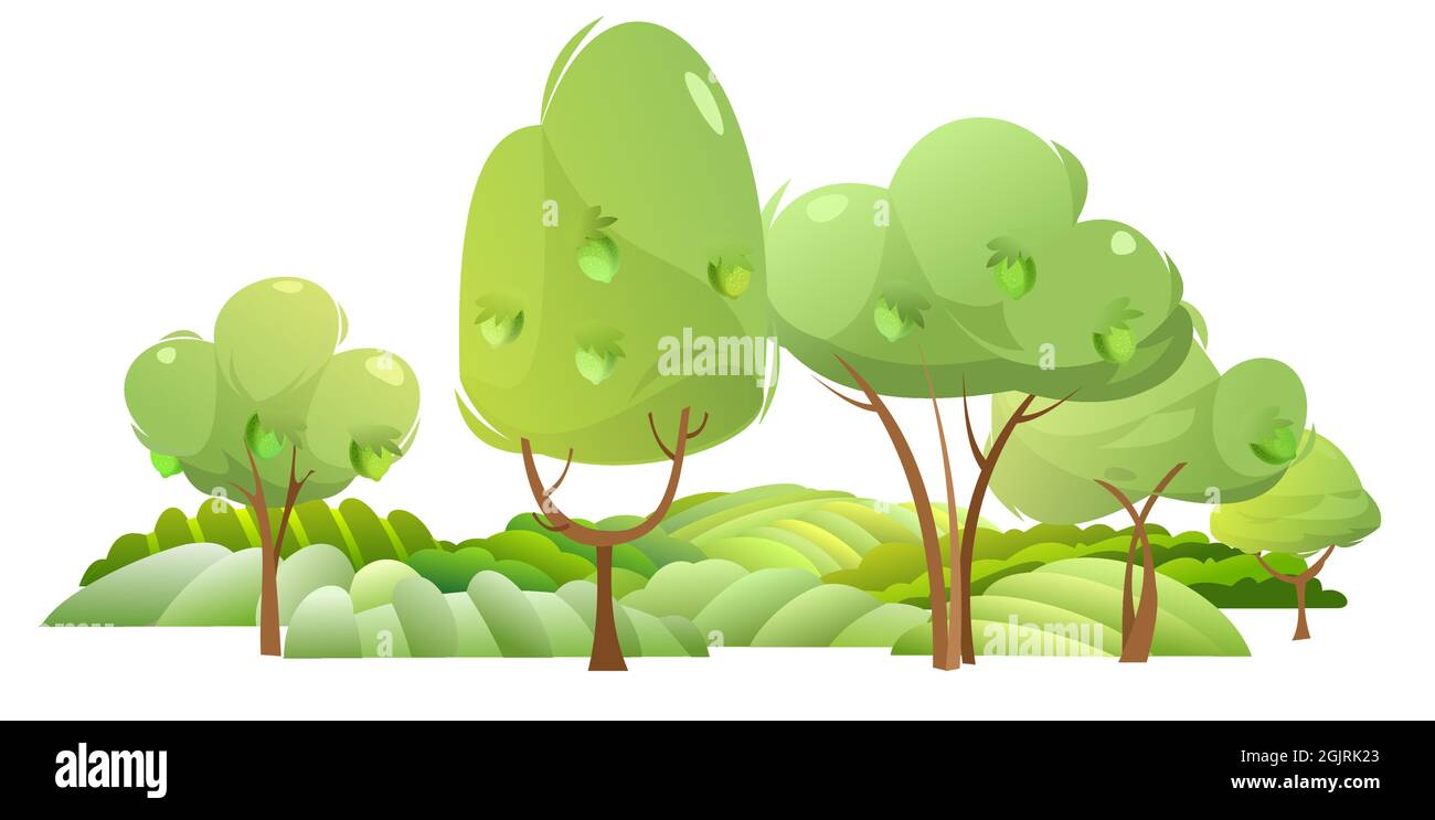 Garten und sanfte Hügel. Ländliche Landschaft mit Zitronenbäumen und Bauernhügeln. Niedliche lustige Cartoon-Design Illustration. Flacher Style. Isoliert auf Weiß Stock Vektor