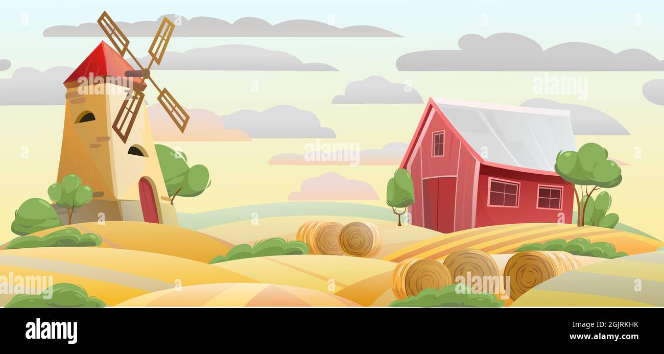 Ackerland. Garten und sanfte Hügel. Ländliche Farmlandschaft mit Windmühle und Scheune. Abendhimmel. Niedliche lustige Cartoon-Design Illustration. Flacher Style Stock Vektor