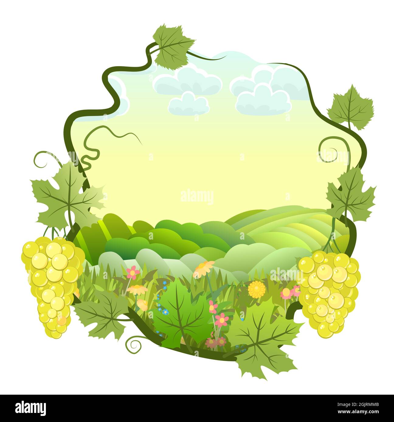 Ländliche hügelige Landschaft mit Trauben aus gelben Trauben. Weinbau und Landwirtschaft. Isoliert auf weißem Hintergrund. Zweige mit Beeren auf einem dichten Busch Stock Vektor